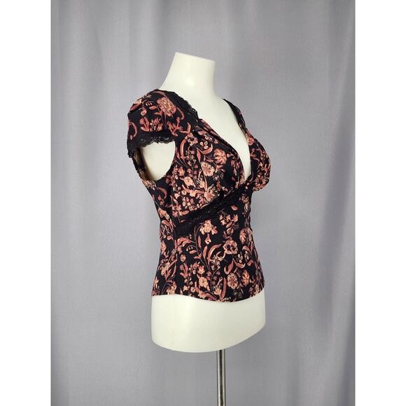 Free People Shirt Womens Medium Black Floral Lace Trim Deep V Neck Y2k Milkmaid - Picture 4 of 13